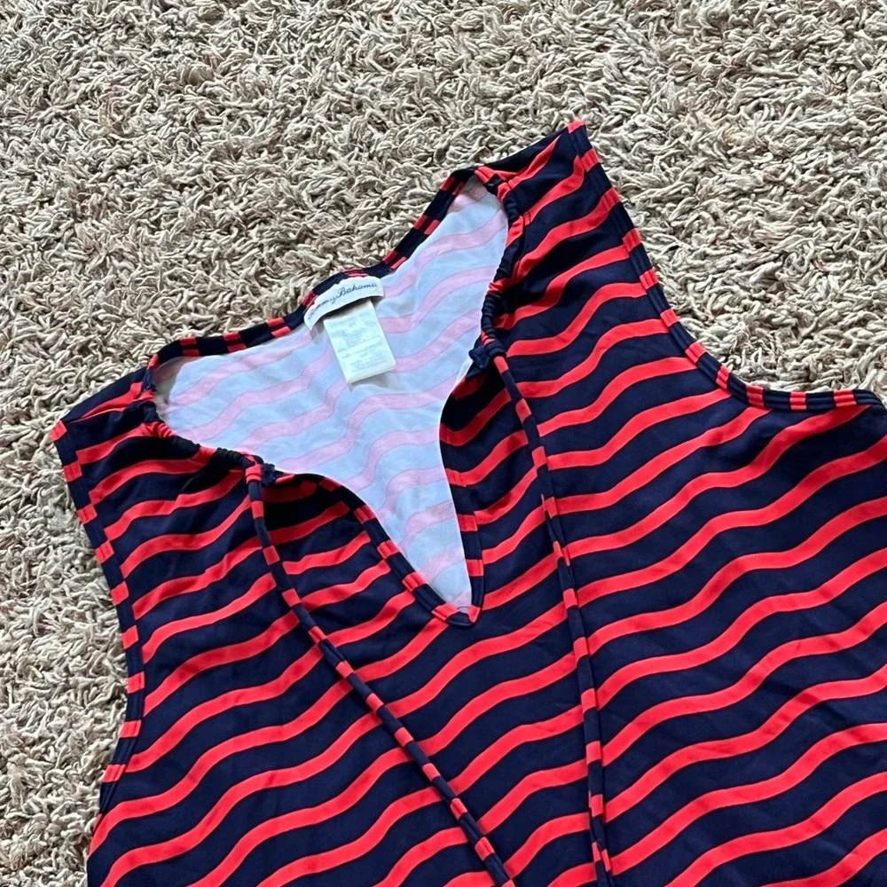 Tommy Bahama Womens Striped Swim Cover Up Dress Tassel V-Neck Blue Red Sz S